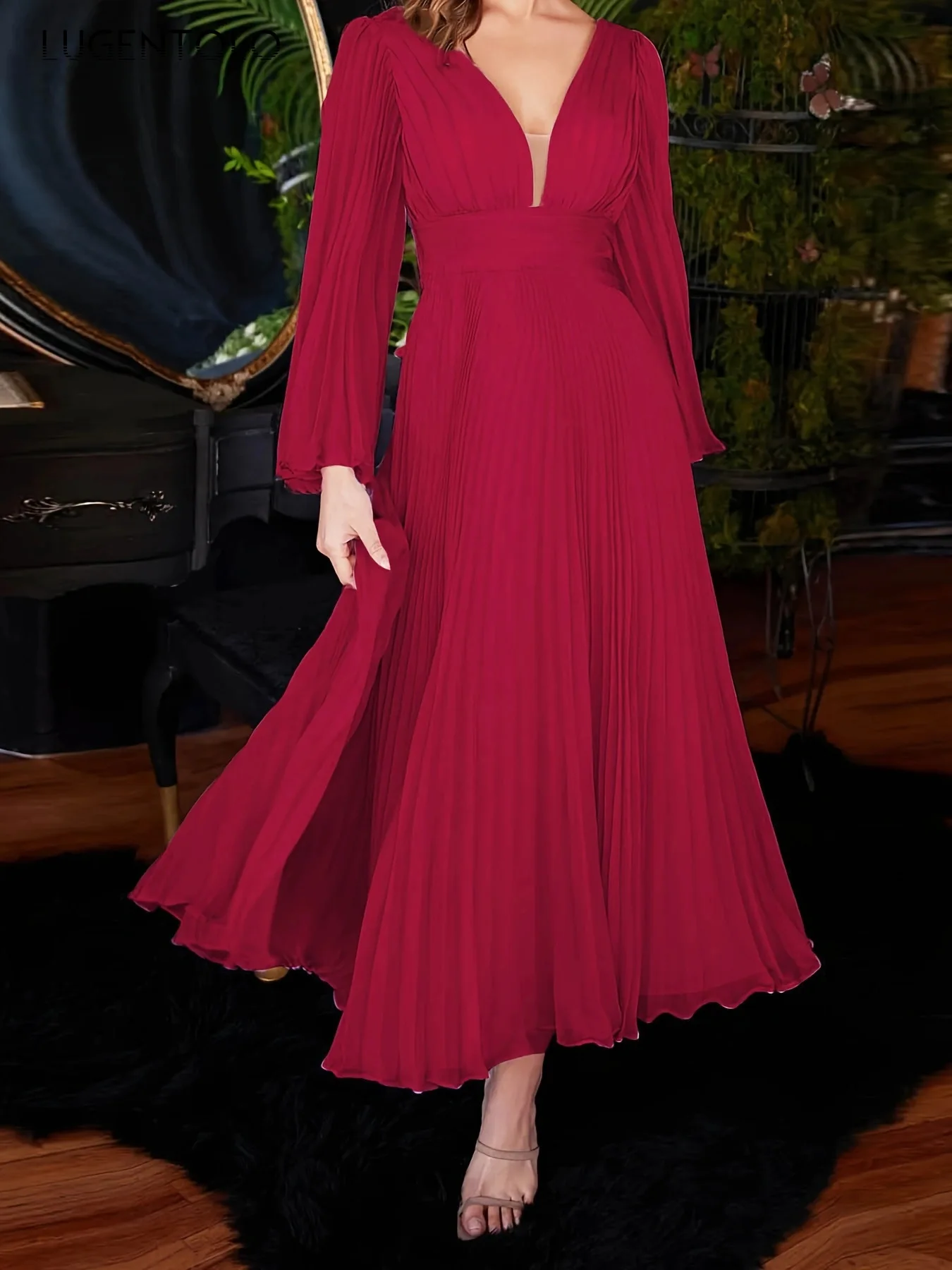 

Women Sexy Chiffon Dress V-neck Party Big Swing Long Sleeve Lady Elegant Pressed Pleats Backless New Fashion Cloth