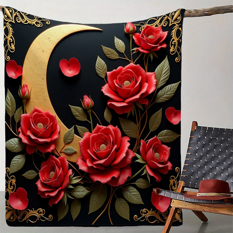 Rose Moon Print Blanket Soft Throw Blanket for Home Bedroom Bed Sofa Travel Office Solid Cover Blanket Valentine's Day
