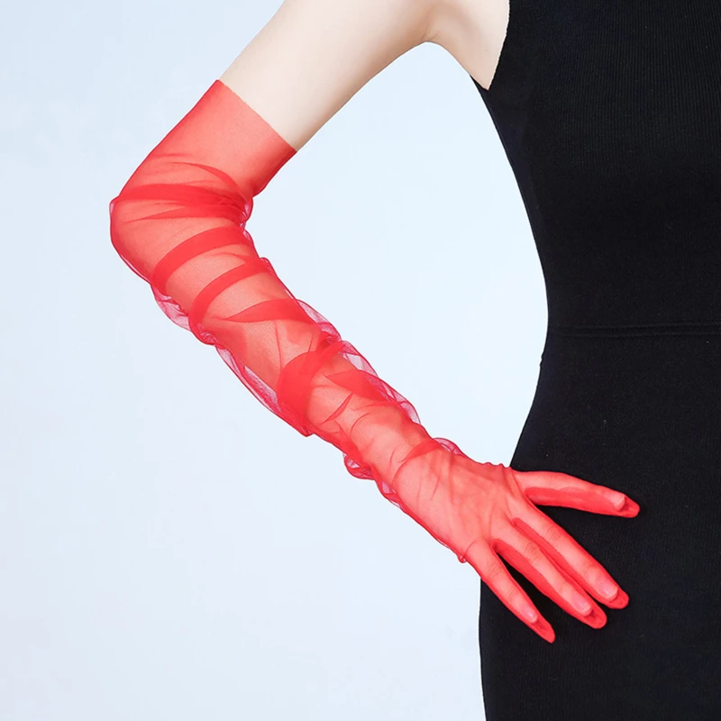 Long Sheer Tulle Wedding Gloves - Ultra Thin Stretchy Full Finger Mittens