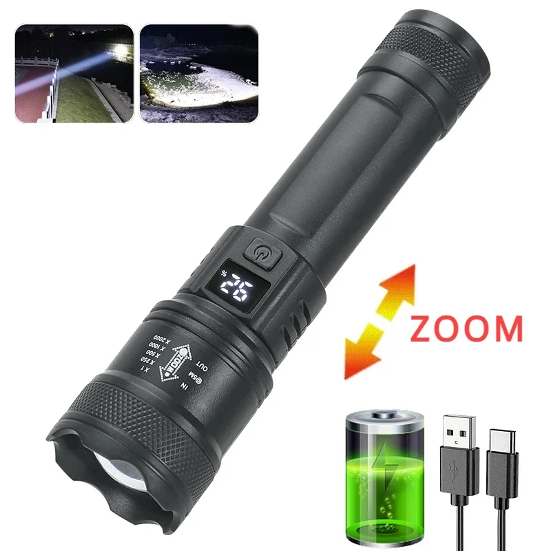 Super Bright Led Flashlight 2000LM Tactical Torch with Power Display USB Rechargeable Camping Fishing Emergency Zoom Lantern