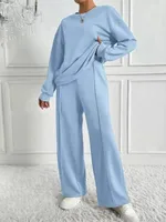 طقم مكون من قطعتين للنساء، سويت شيرت كاجوال برقبة دائرية وأكمام طويلة، بنطال واسع الساق يناسب الخريف والشتاء، أزياء السيدات للمكتب 1