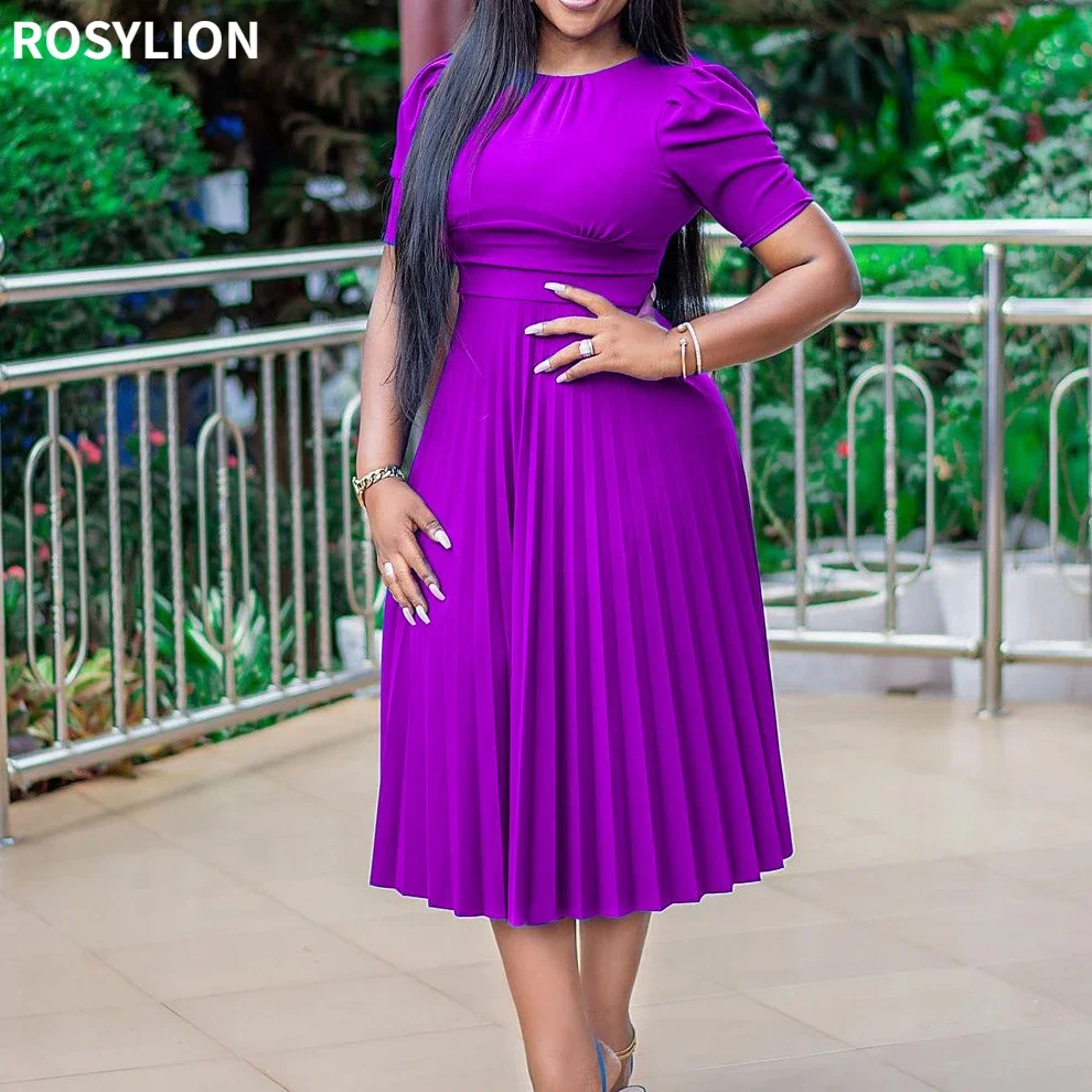 

Ladies High Waist Short Sleeve Long Pleated Dress Women Summer Purple Yellow Elegant Party Dress Large Size Loose Holiday Wear