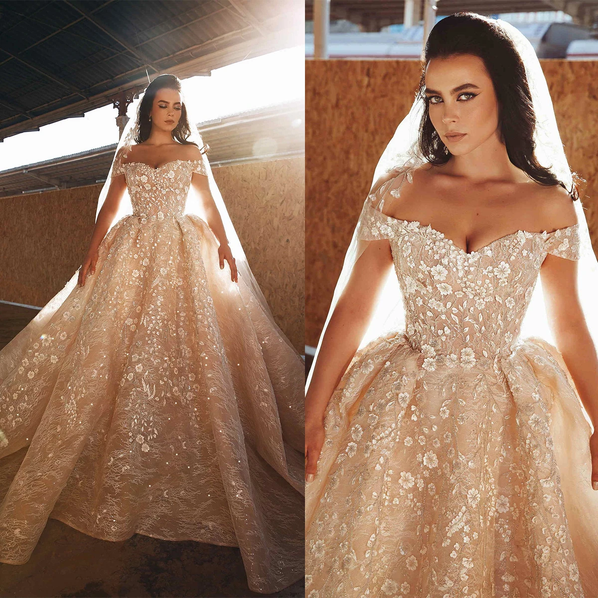 

3D Flowers Wedding Dresses Lace Off Shoulder Short Sleeve Bridal Gowns Vestido Novia Appliques Bride Dress