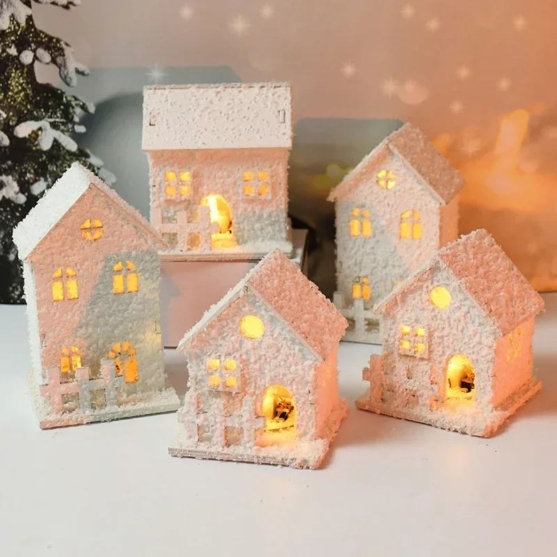 

Christmas LED Light White Wooden House Luminous Cabin Merry Christmas Decor for Home DIY Xmas Tree Ornaments Kids Gift New Year
