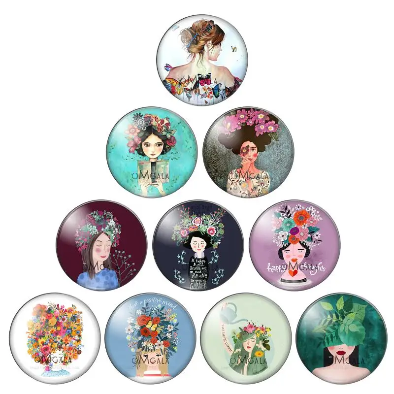 패션 뷰티 아트 플라워 걸, 라운드 포토 유리 카보숑 데모 플랫 백, 연구 결과..