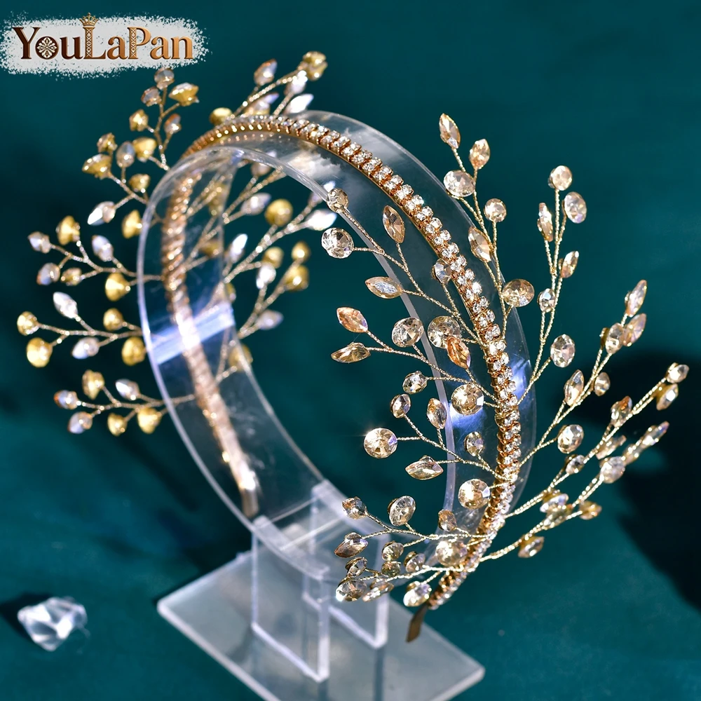 YouLaPan 트렌디 블링 라인스톤 신부 머리띠 샴페인 헤드 후프 헤어 액세서리 웨딩 신부 들러리 머리 장식 HP534