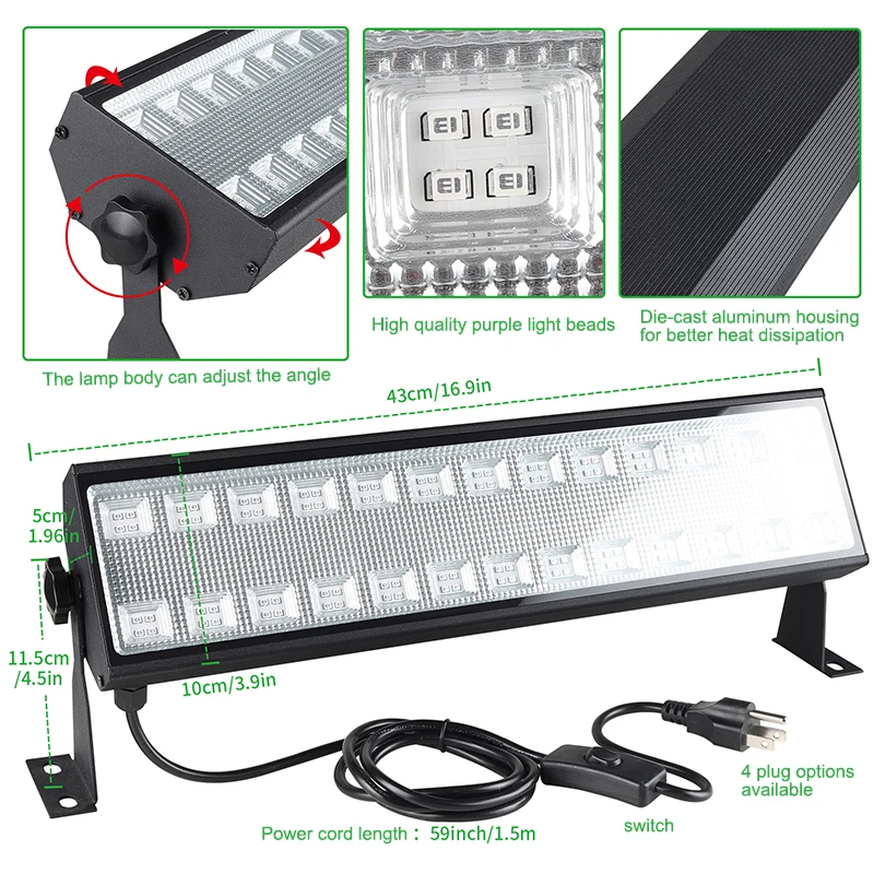 100W Black Light Bar Blacklight Flood Light 104LEDS UV Black Wall Washer 385-400nm for Glow Fluorescent Party Stage Decor