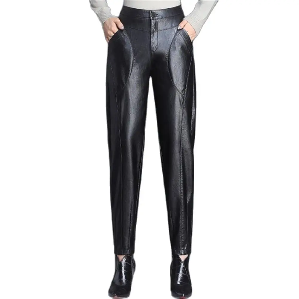 

Fashion Womens Leather Pants New Autumn Winter Pu Leather Pants Were Thin Large Size High Waist Tapered Trousers Velvet