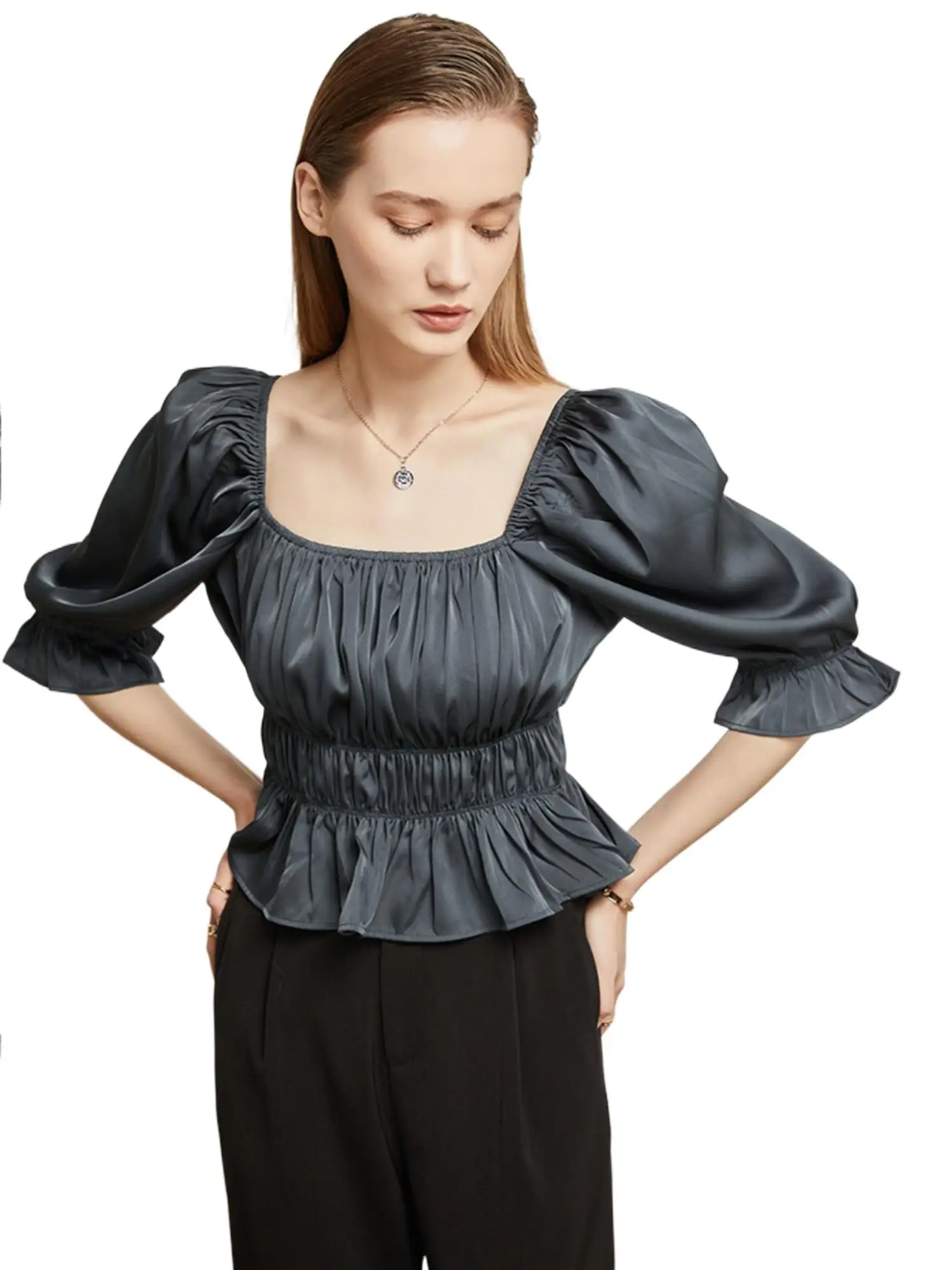 

French Elegant Palace Bubble Sleeves slash neck Acetate Satin Tops,Women Sweet Sexy 3/4 Sleeve Square Neck Artificial Silk shirt