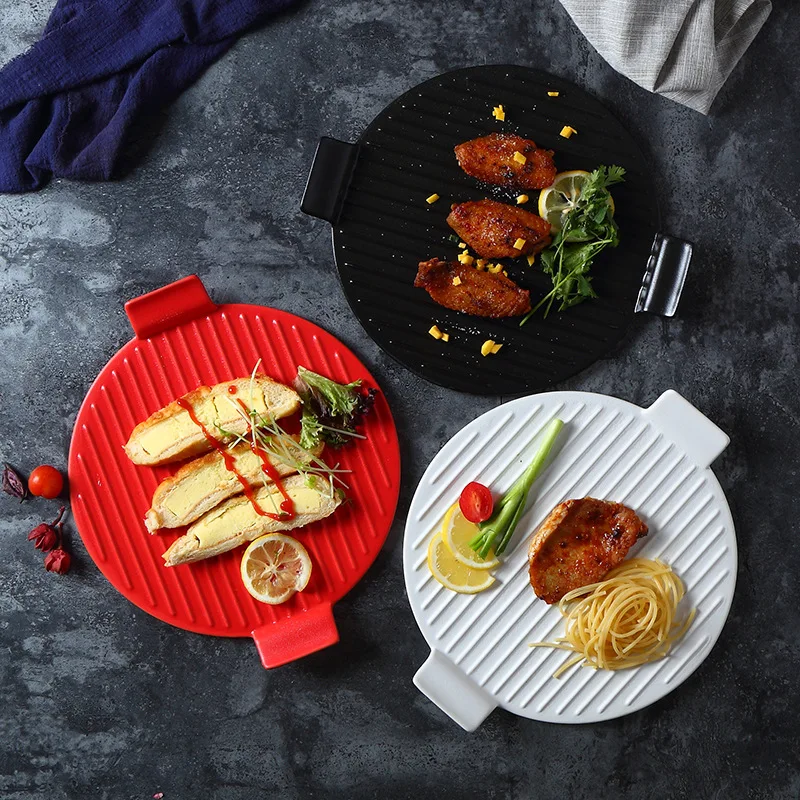

Nordic round ceramic restaurant tableware baking plate with two ears and handle Korean BBQ flat creative