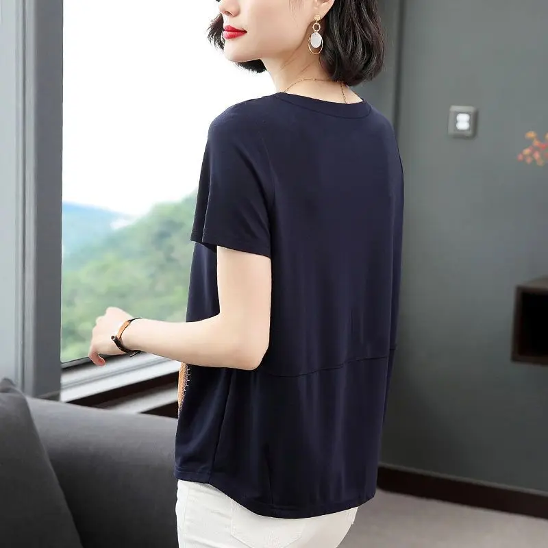 Fashion O-Neck Short Sleeve Spliced Embroidery T-Shirt Women's Clothing 2024 Summer New Loose Casual Tops Commuter Tee Shirt