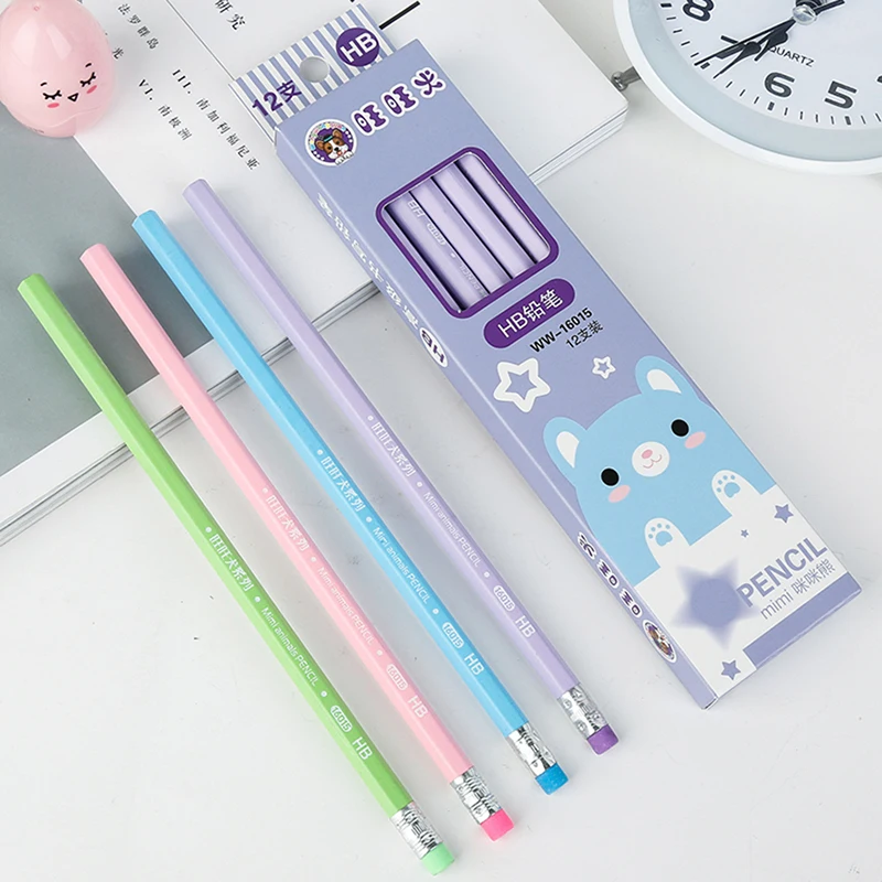 

12Pcs/set Cute Solid Color Standard Wood Pencil With Eraser Long Handle Writing Pencil School Office Supply Student Stationery