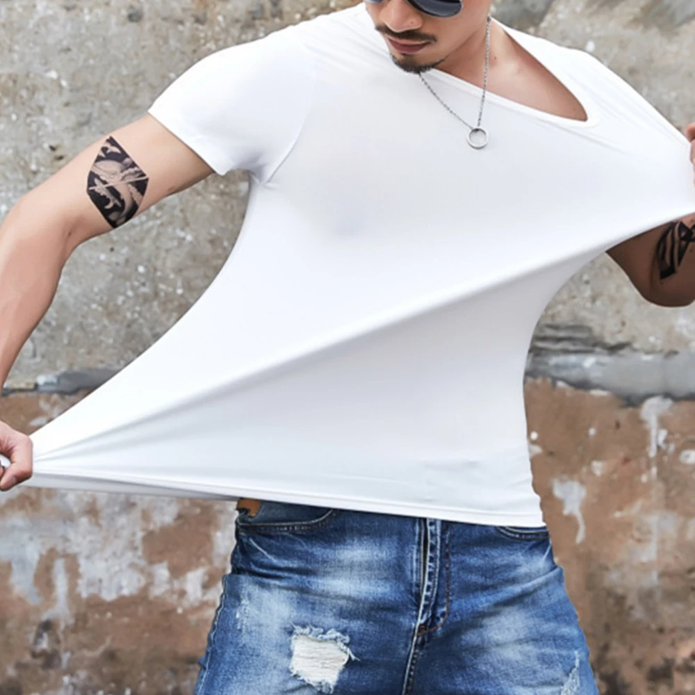 

Men Summer Short Sleeve O Neck Slim FIt T-Shirt Male Skinny Muscle Tee Tops Fashion Male Casual Sport Gym Fitness Solid Color
