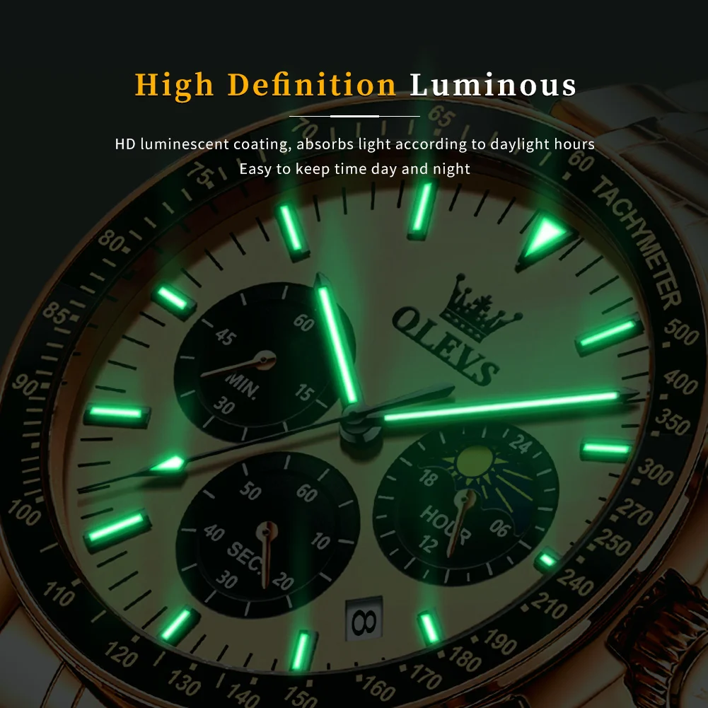 OLEVS Brand 2024 Luxury Rose Gold Quartz Watch Men Stainless Steel Waterproof Luminous Date Moon Phase Chronograph Watches Mens