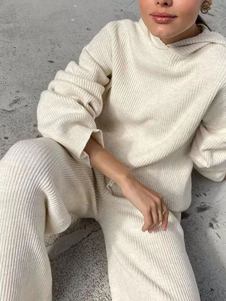 

Muslim Women Two Piece Sets Women Homewear Rib Knitted Soft Pajamas Casual Loose Hooded Tops and Wide Leg Pants Suit Sportswear