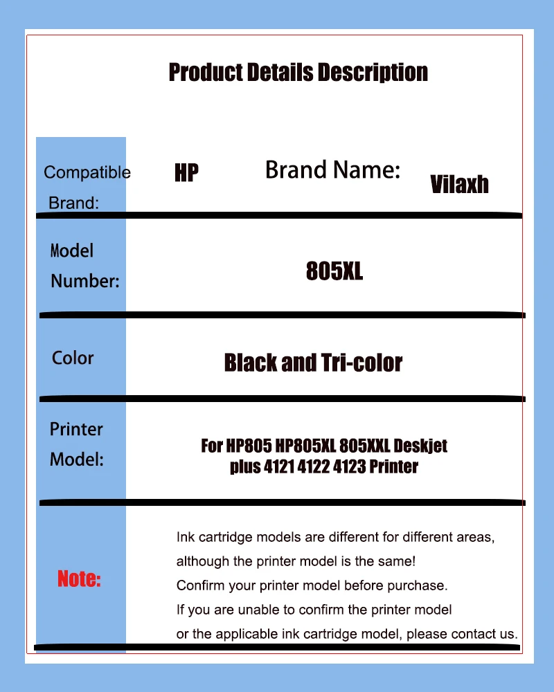 Vilaxh 805 805XL Compatible Refillable Ink Cartridge Replacement For HP805 HP805XL 805XXL Deskjet plus 4121 4122 4123 Printer