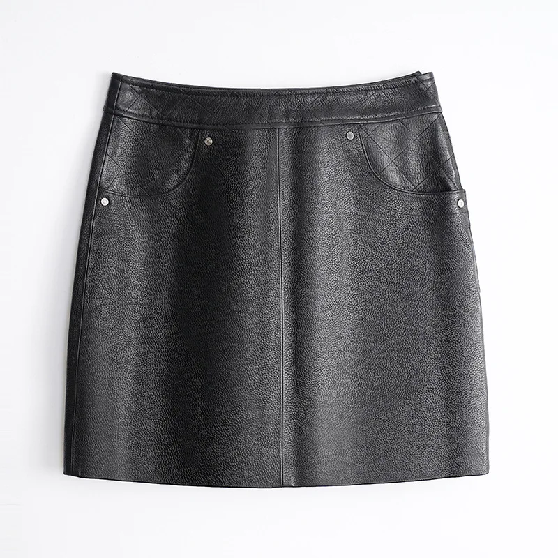 

Genuine Leather Skirt New High Waisted Minimalist Sheepskin Embossed Rice Grain Pattern Pocket Insert Skirt Short Skirt For Wome