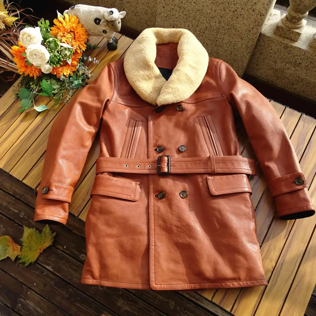

Italian vegetable tanned goatskin variable brown wool collar cotton lining leather coat