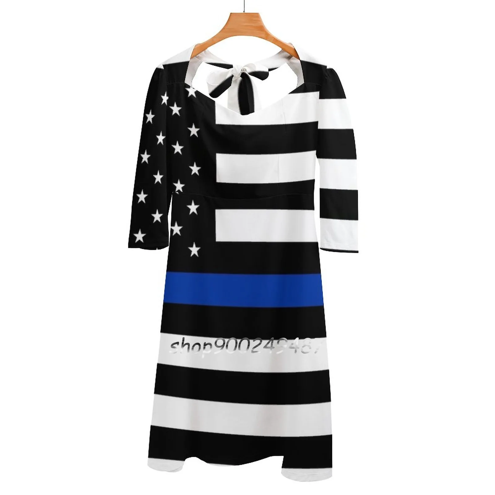 

Thin Blue Line Square Neck Dress Cute Loose Print Dresses Elegant Beach Party Dress Thin Blue Line Police Protect Love Usa Cops