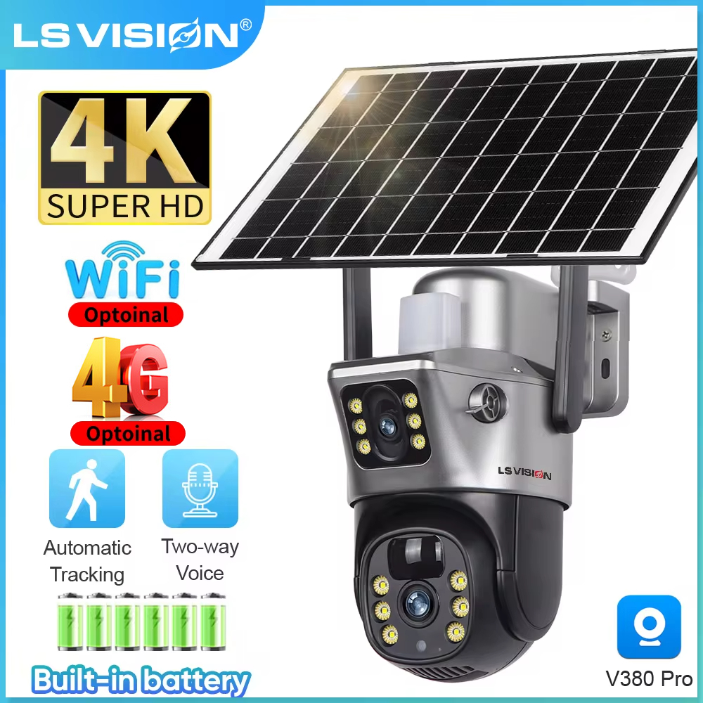 LS VISION 4K 8MP Wifi/4G Sim Solar Camera Dual screens Outdoor WiFi Solar IP PTZ Camara Auto Tracking Battery CCTV Security Cam