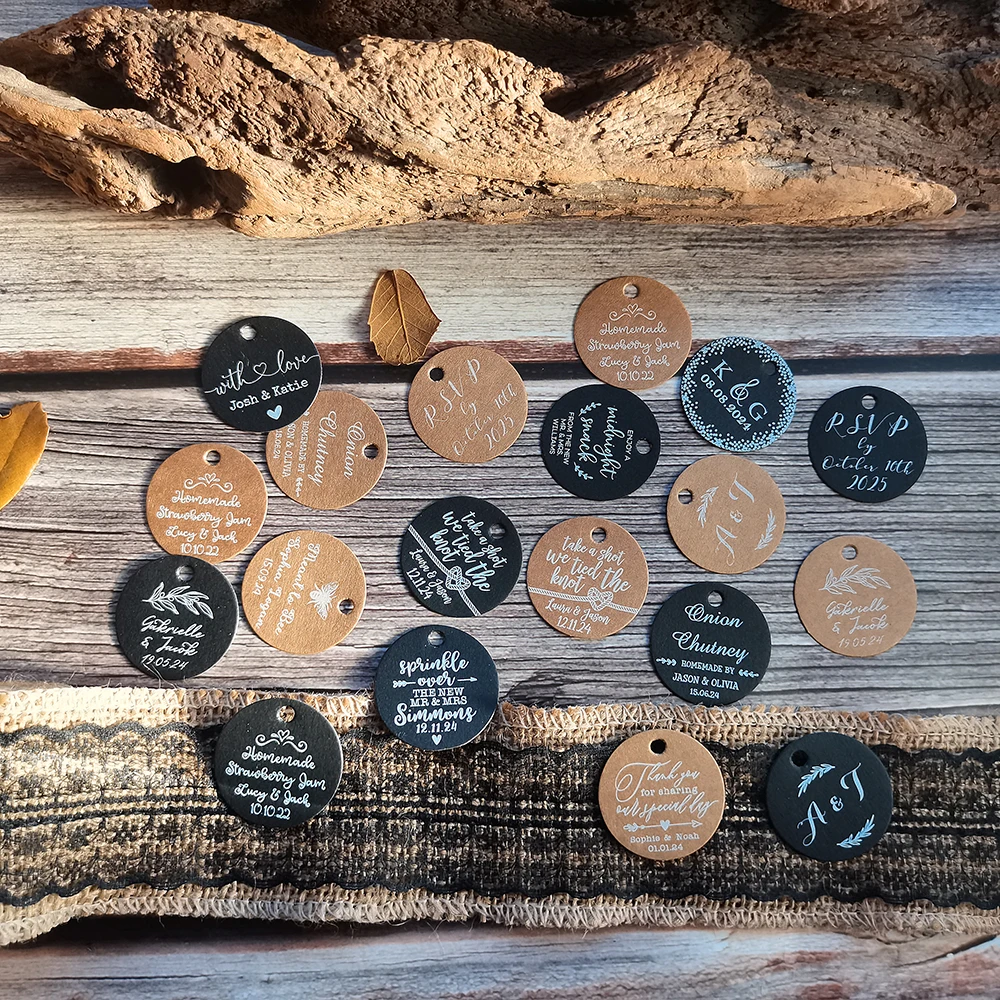 BY49-35mm Diameter Kraft/Black Paper Label Customize Name And Date Custom Wedding Decoration Print Name kraft paper tags packaging labels