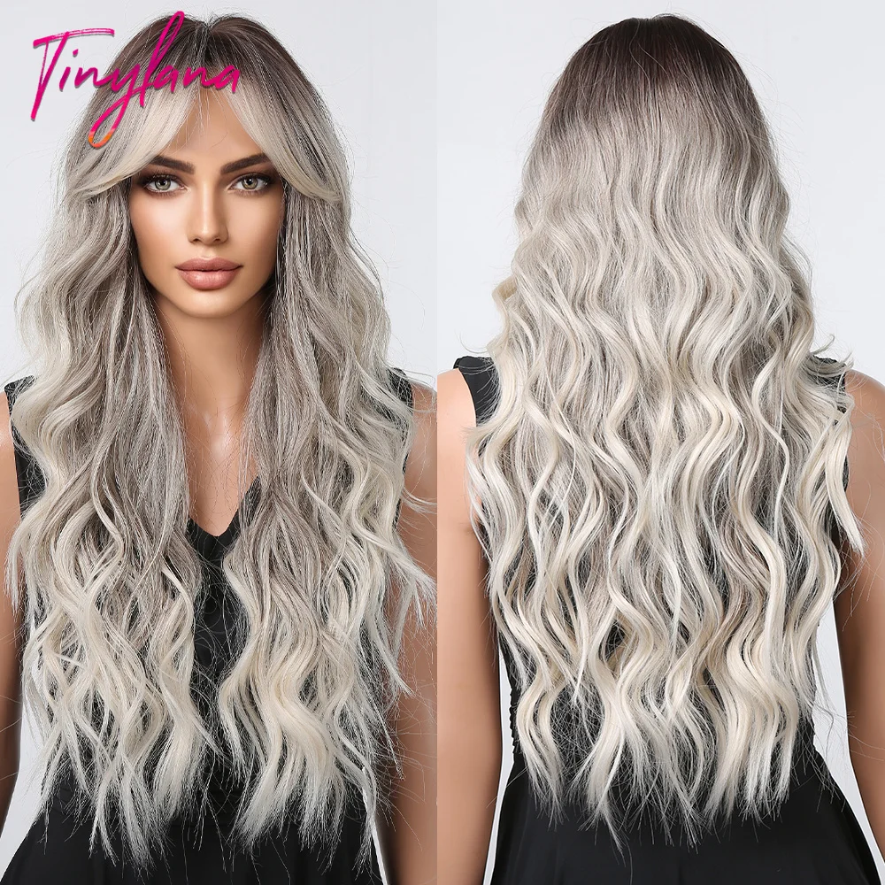 Gray Ash Platinum Synthetic Wigs with Side Bangs Long Curly Wave