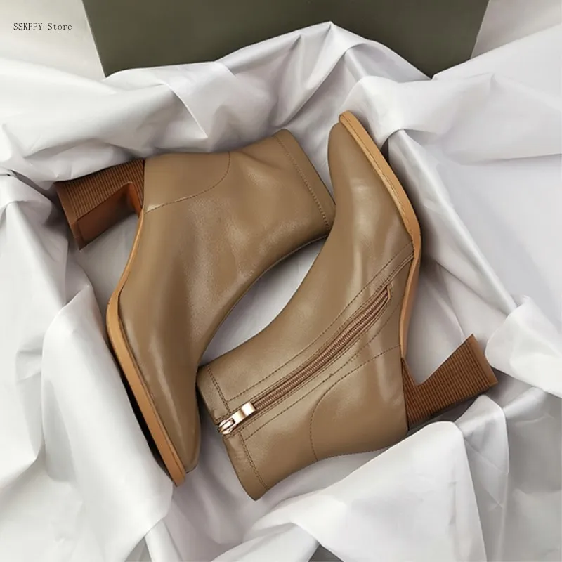 Square Toe Leather Boots, High Heels, Autumn And Winter Women's Fashion