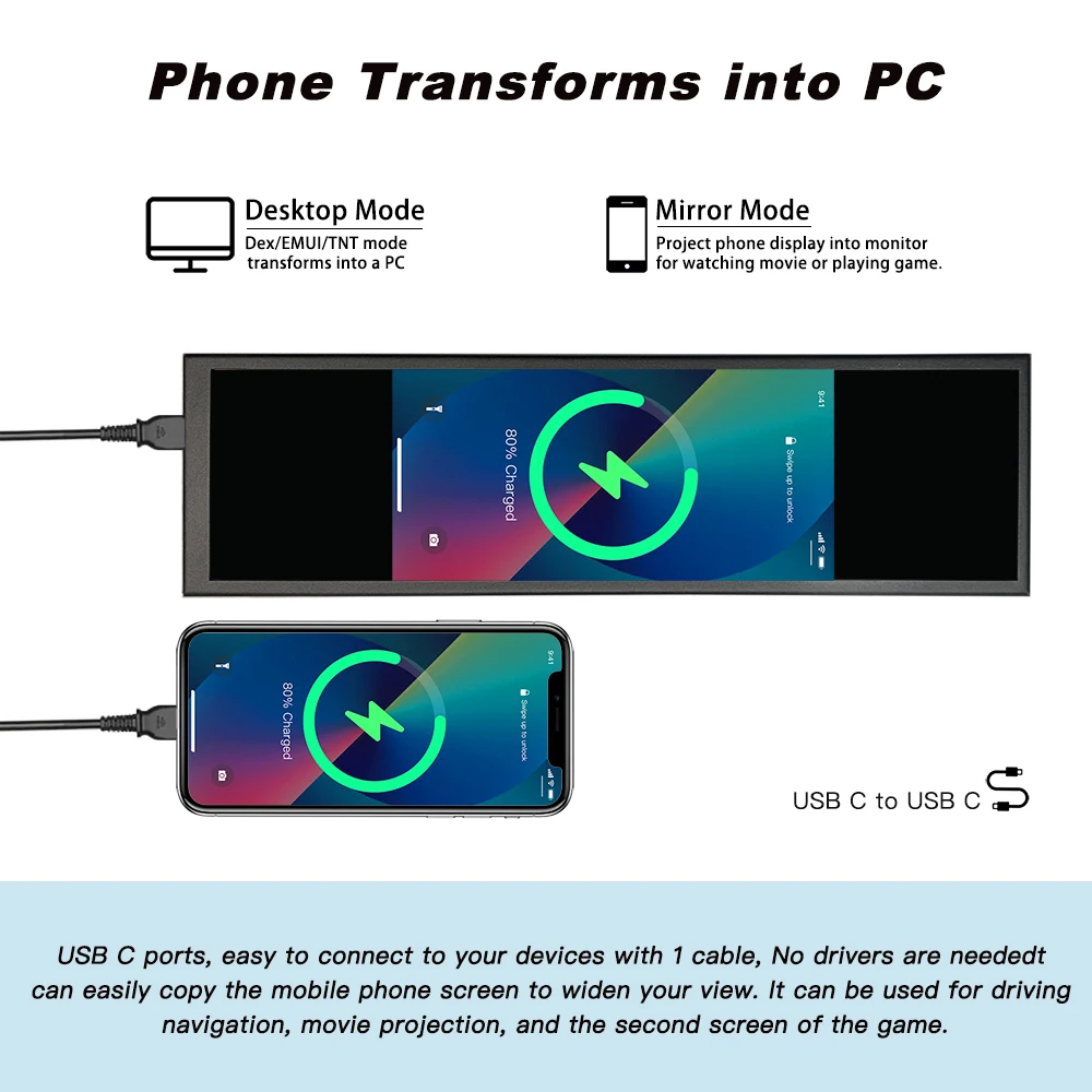 LESOWN  Ʈ LCD ÷ ġ ũ, PC ̽ µ ͸  ޴ C Ÿ , 480x1920 IPS, 8.8 ġ