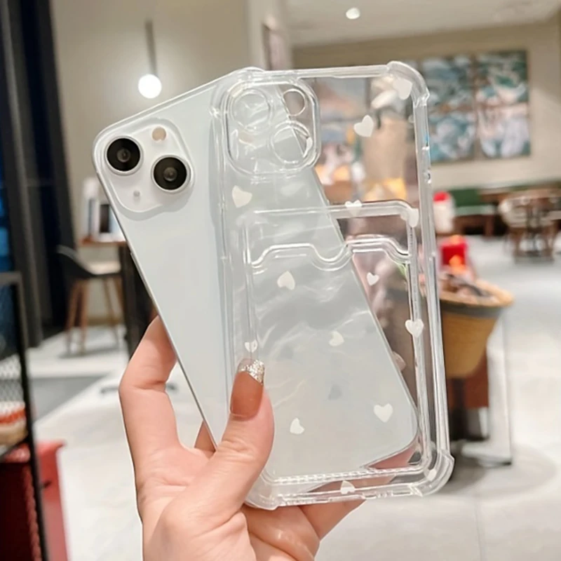 Elegant Black & White Love Heart Clear Phone Case with Wallet and Card Holder