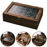 Haitang Flower Glass Storage Box Nordic Retro Solid Wood Storage Cabinet Desktop Sorting Flipping Wooden Box Makeup Table Decor 2