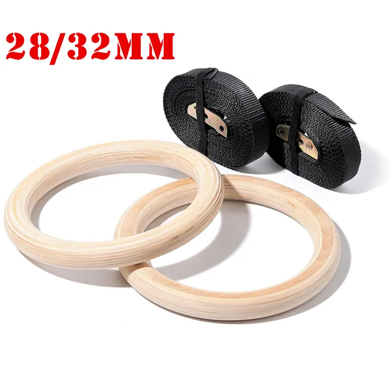 28/32MM Wood Gymnastic Rings Non-Slip Wooden Ring with 4.5M Adjustable Nylon Straps for Home Fitness Pull Up Strength Training