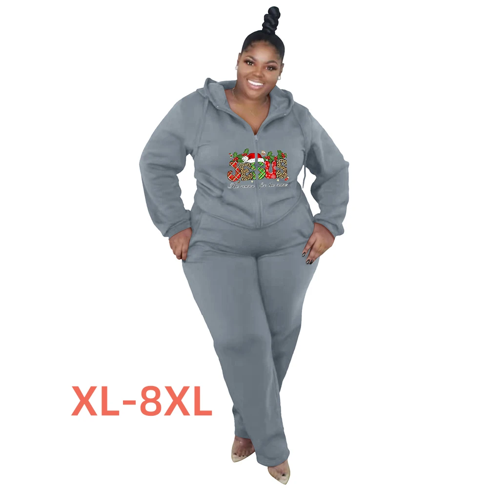 

Plus Size 4xl 5xl 6xl 7xl 8xl Tracksuit Women Two Piece Set Jogging Femme Ensemble Christmas Print 2 Piece Winter Set