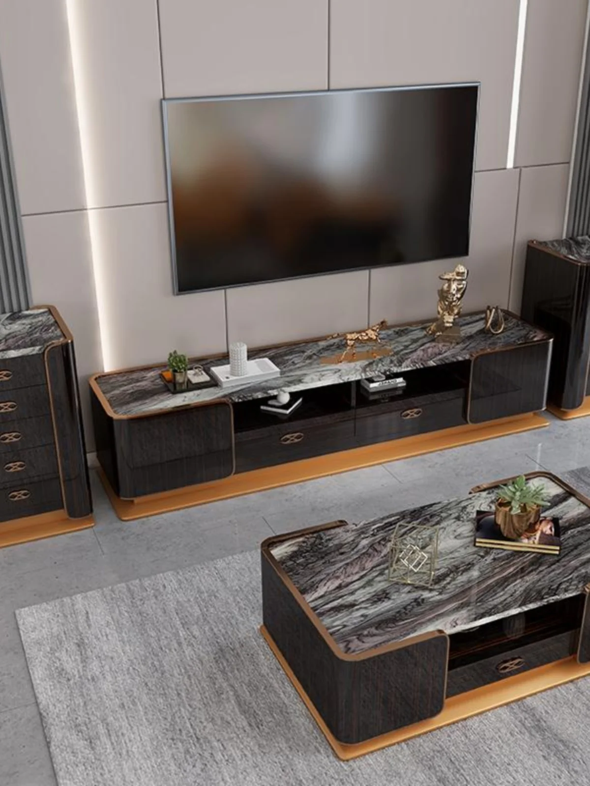 High-end light luxury furniture TV cabinet coffee table postmodern ebony grain paint living room luxury chest of drawers home