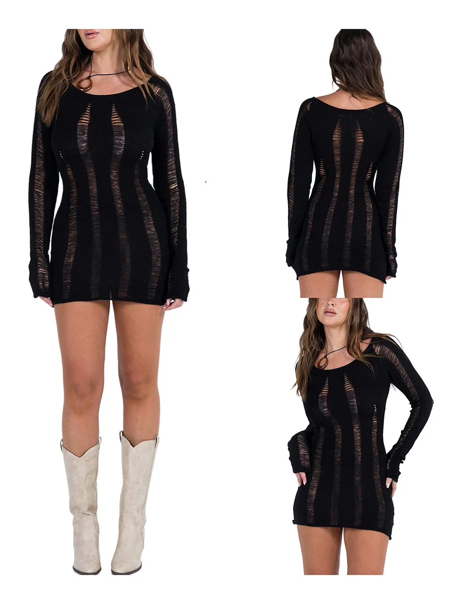 

Women Wrapped Knitting Dress Long Sleeves Round Neck Cutout Casual Party Spring Fall Dress