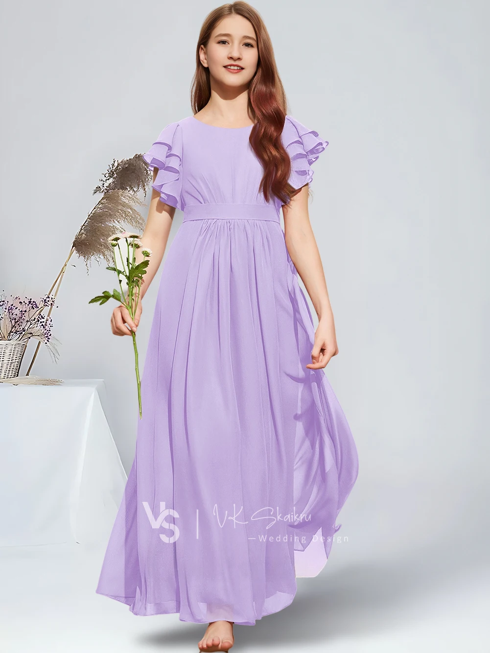 FEESHOW Girls' Flutter Sleeve Chiffon Flower Girl Dress - Lavender Long Gown For Weddings & Parties - View #3