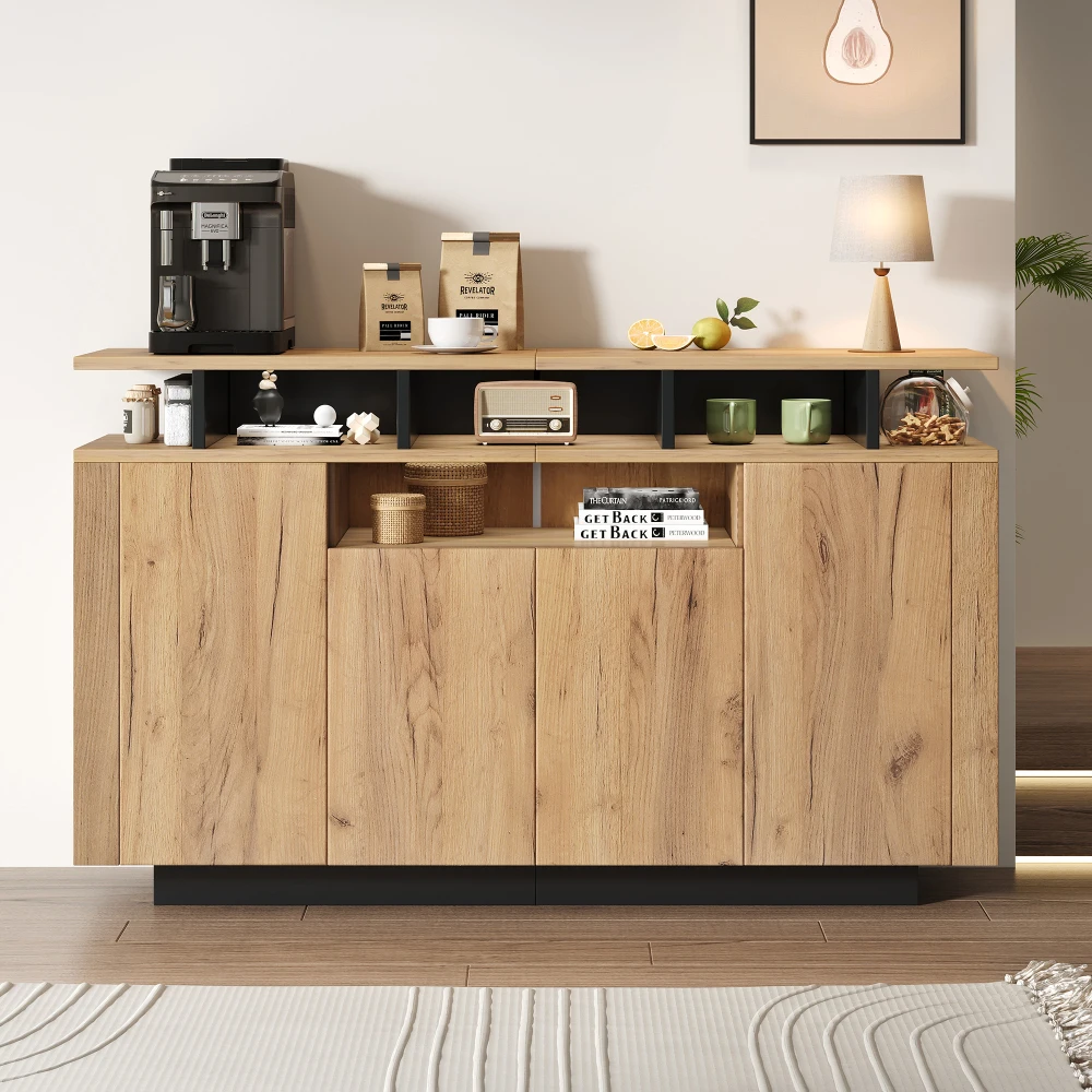 Natürliches Holz-Sideboard mit 4 Türen und 3 Offenen Regalen, Aufbewahrungsorganizer für Zuhause, Büro, Wohnzimmer und Flur – Detail 27
