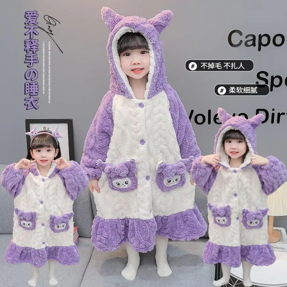Sanrio Girls Kuromi Nightgown Child Flannel Bathrobe Kawaii Cartoon Pajamas Leisure Plush Lounge Clothes Children's Clothing