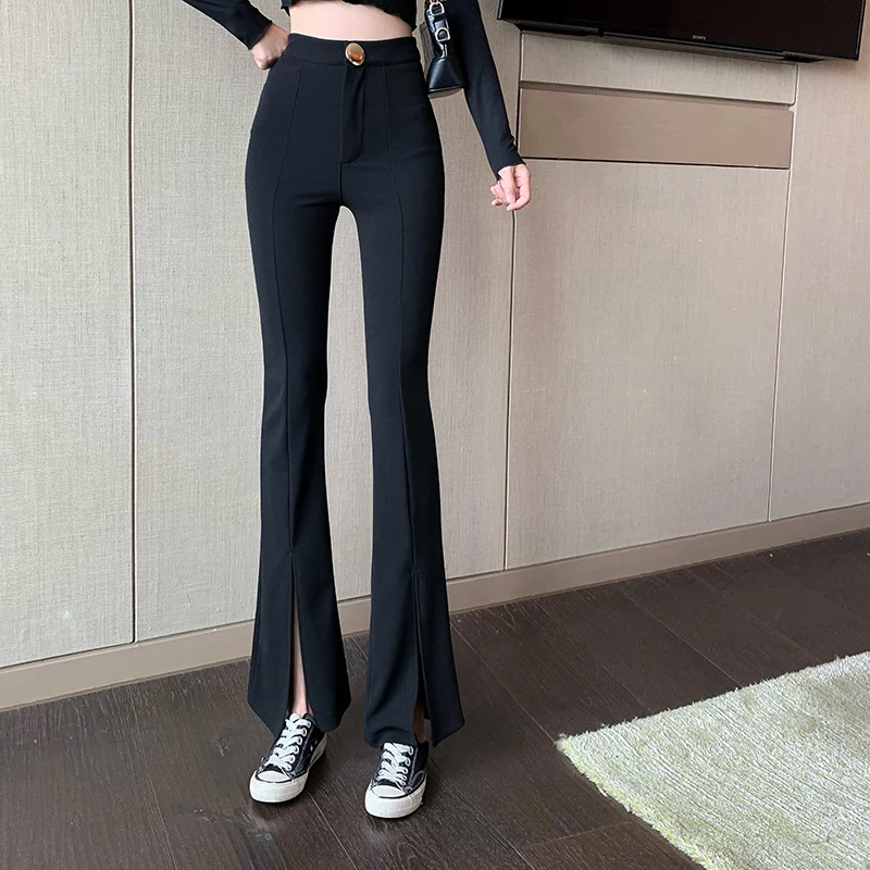 

Black Split Wide Leg Pants Women Streetwear 2023 Stretch Elegance Y2k Pant Ladies Business Korean Fashion Chic Pantalon Female