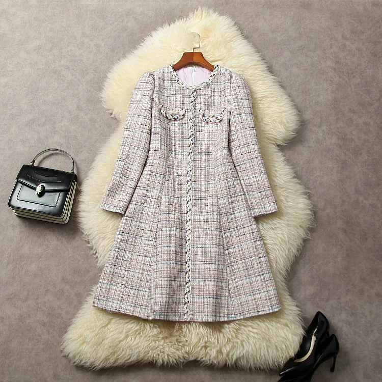 

European and American women's dress 2023 winter new Crew neck long sleeve plaid fashion Tweed dress