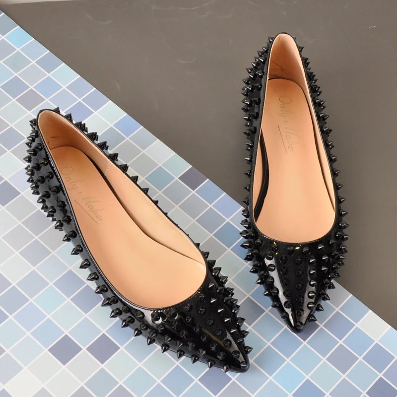 Onlymaker Woman Pointed Toe Rivet Slip On Black Studded Ballet Flat Fashion Elegent  Shoes