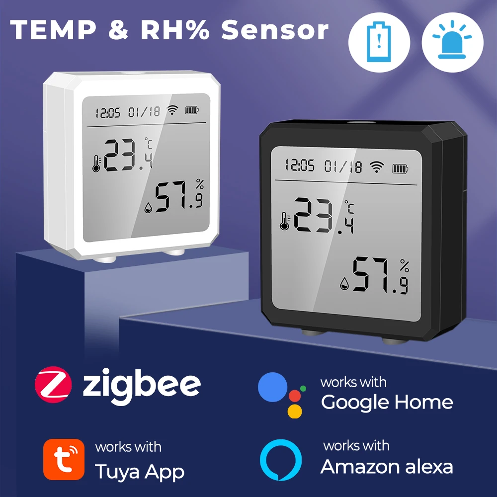 умный датчик температуры и влажности corui tuya zigbee управление через приложение поддержка alexa google home голосовое управление Датчик температуры и влажности Tuya Smart Home Zigbee, цифровой ЖК-дисплей, управление через приложение, работает с Alexa Google