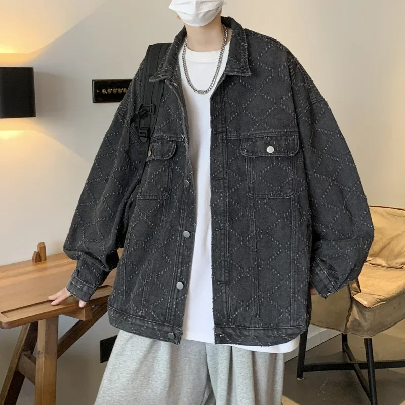 루즈핏 학생 체크무늬 라펠 가디건, 데님 재킷, 캐주얼 홍콩 스타일, 트렌디 브랜드, 남성 용수철 가을 패션