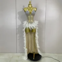 Sparkly Rhinestones Feathers Long Tail Bodysuits Sexy Mesh Transparent Stage Dress Evening Party Celebrate Luxury Birthday Dress