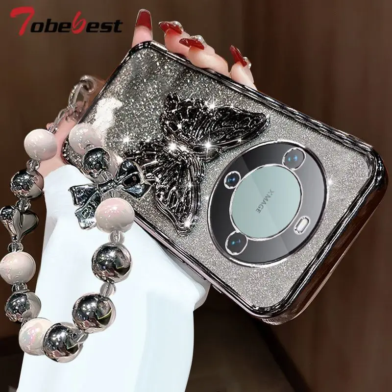 Glitter Plating 3D Butterfly Bracelet Phone Holder Case