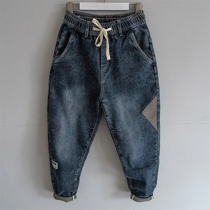 Loose Elastic Waist Denim Jeans Spring Autumn Spliced Harem Pants Men's Casual Pants 2024 Korean New Stretch Baggy Cargo Jeans 2