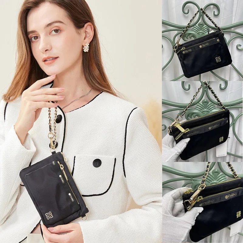

New Lesportsac Anime Black Gold Collection Trendy Solid Color Minimalist Handheld Mini Makeup Phone Bag Holiday Birthday Gift