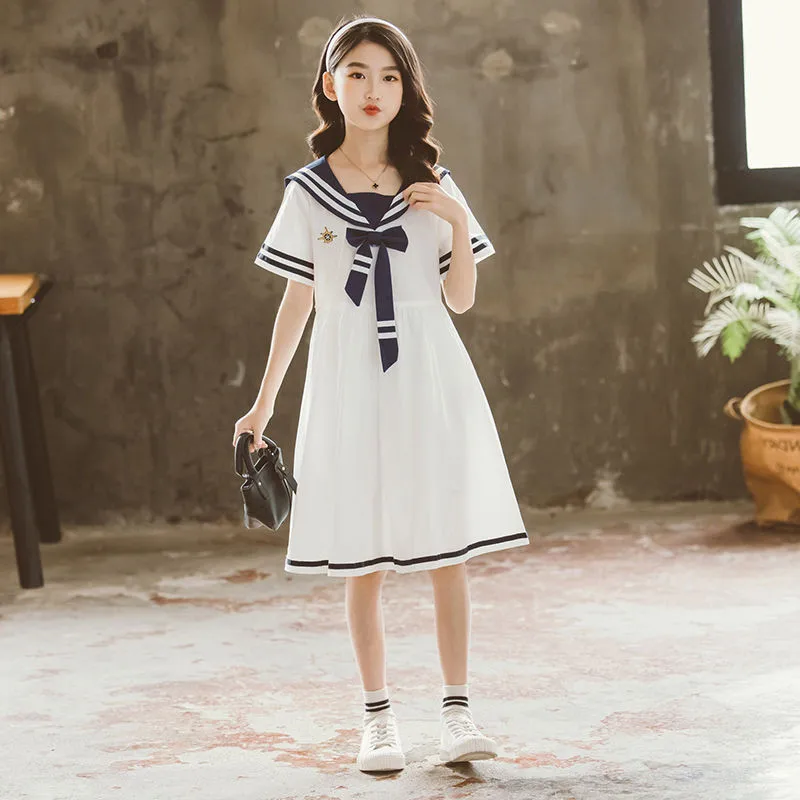 

2024 summer Kids Student Dresses Children Clothes Teenager School sailor bow Uniform Dress Girls Daily Wear Clothes 6 9 12 yaer