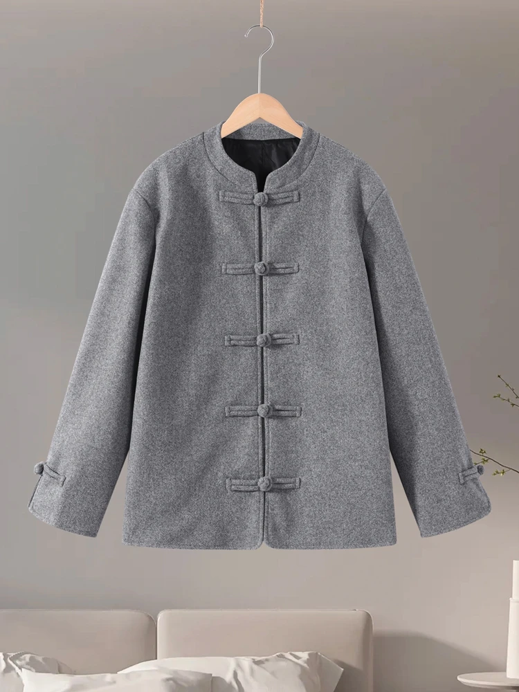 Stehkragen-Froschknopfmäntel für Damen, Vintage Langarm Einreihige Einfarbige Lockere Jacken, Frühlings-Neuheit, Schicke Damen-Clubwear für Partys – Detail 3