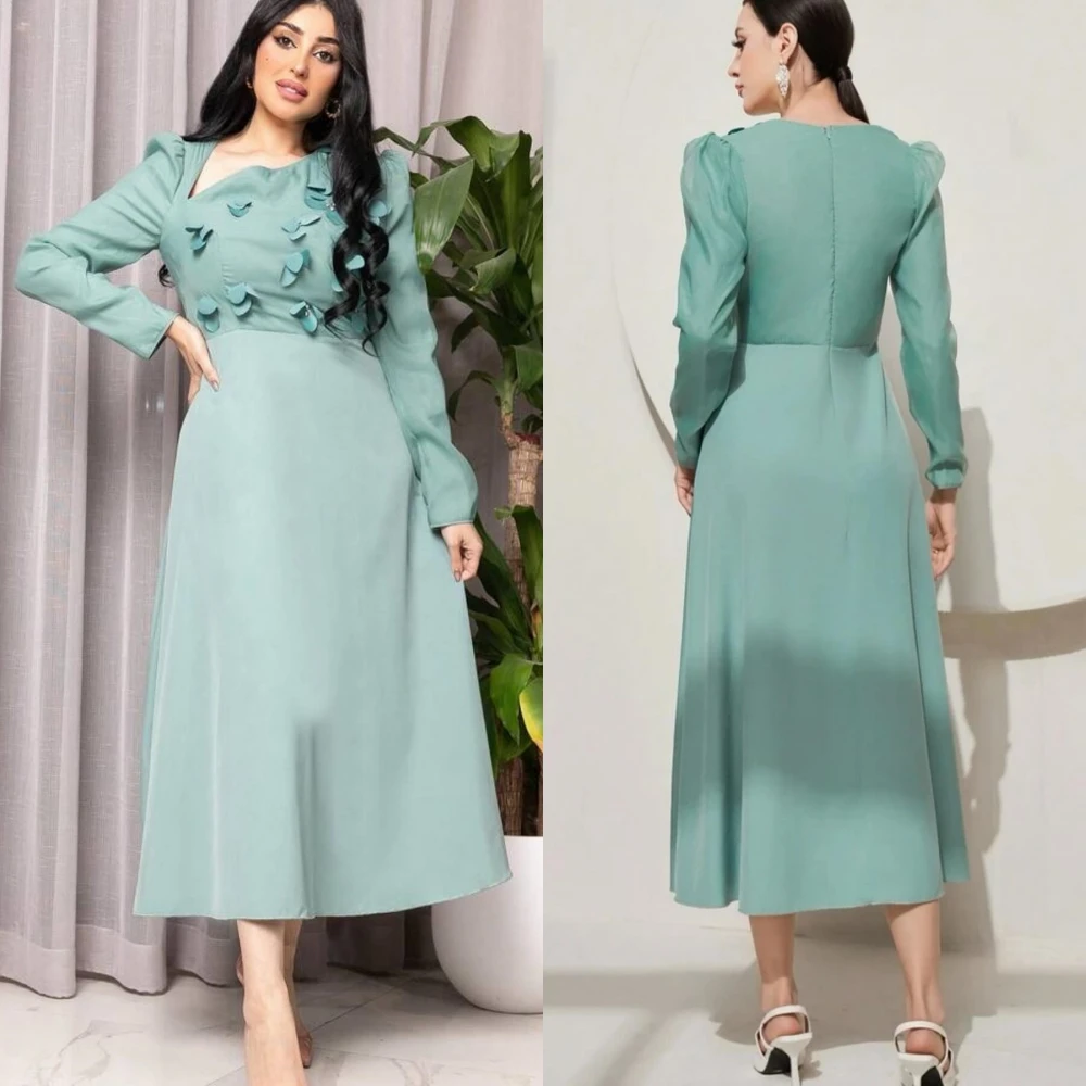 Jiayigong  Satin Applique Draped Pleat Christmas A-line V-Neck Bespoke Occasion Gown Long Sleeve Dresses