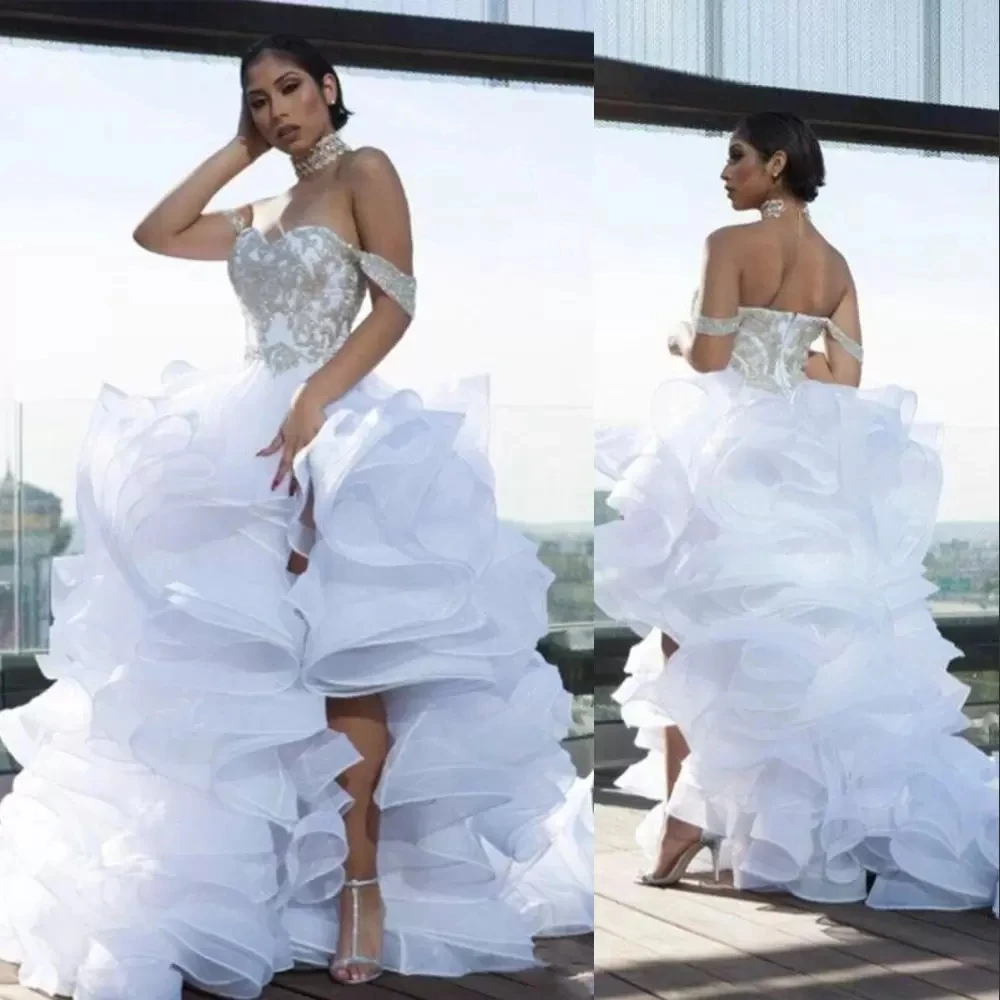 

High Low Wedding Dress Sexy Split Off the Shoulder Lace Organza Tiered Bridal Gown Abiti Da Sposa Vestidos De Novia
